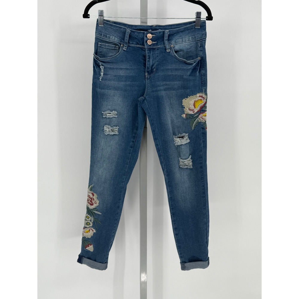 YMI Jeans Size 3 Mid-Rise Ankle Distressed Embroidered Floral Denim